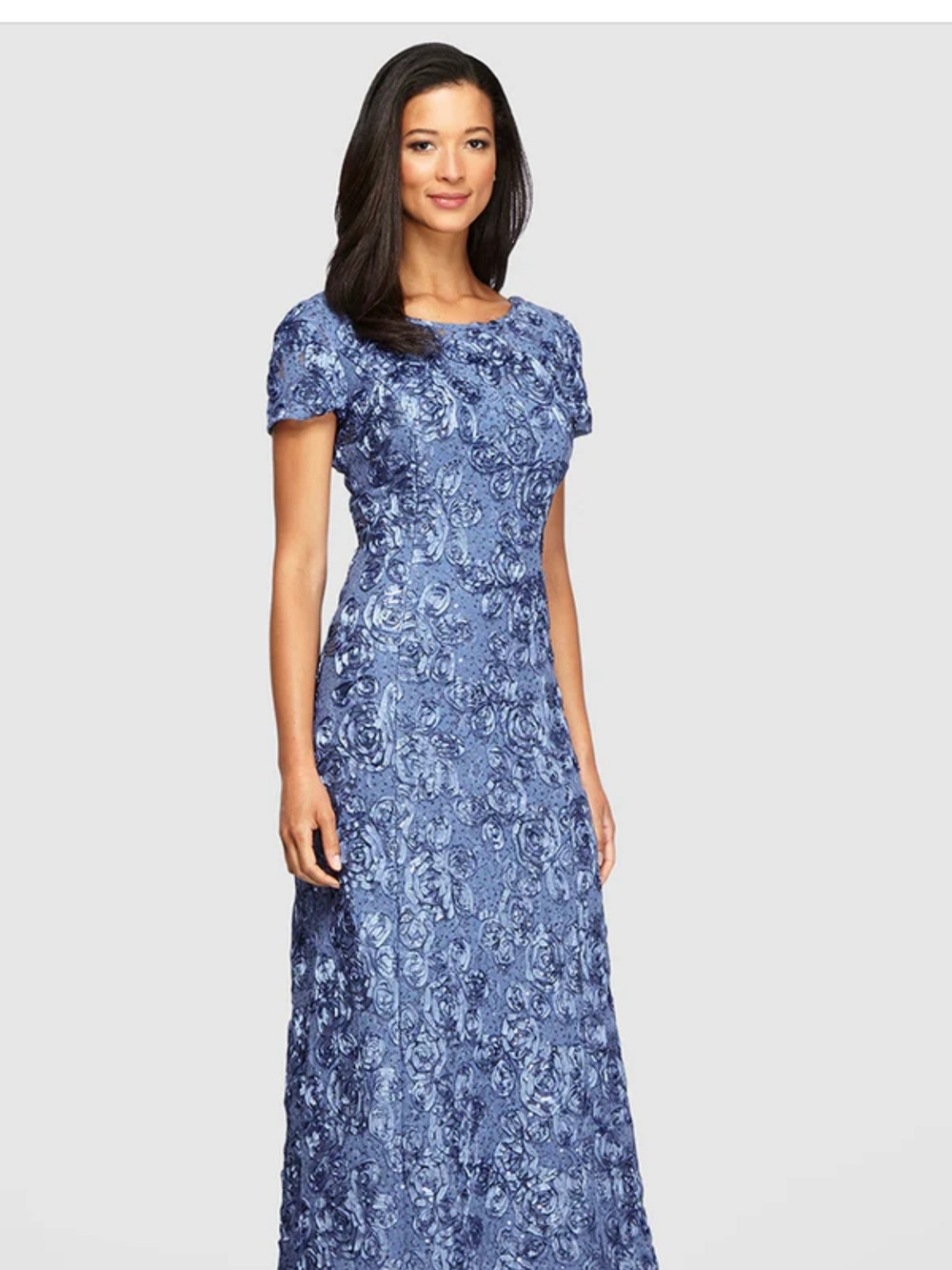 Alex Evenings Periwrinkle Lace Floral Long Sleeve Evening Dress